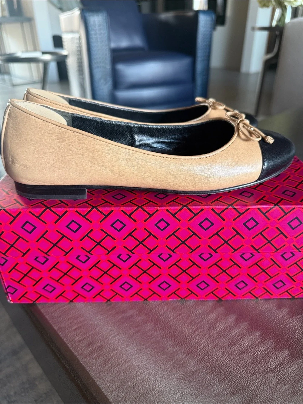 Tory Burch Two-Tone Black and Beige Cap Toe Leather Ballet Flats